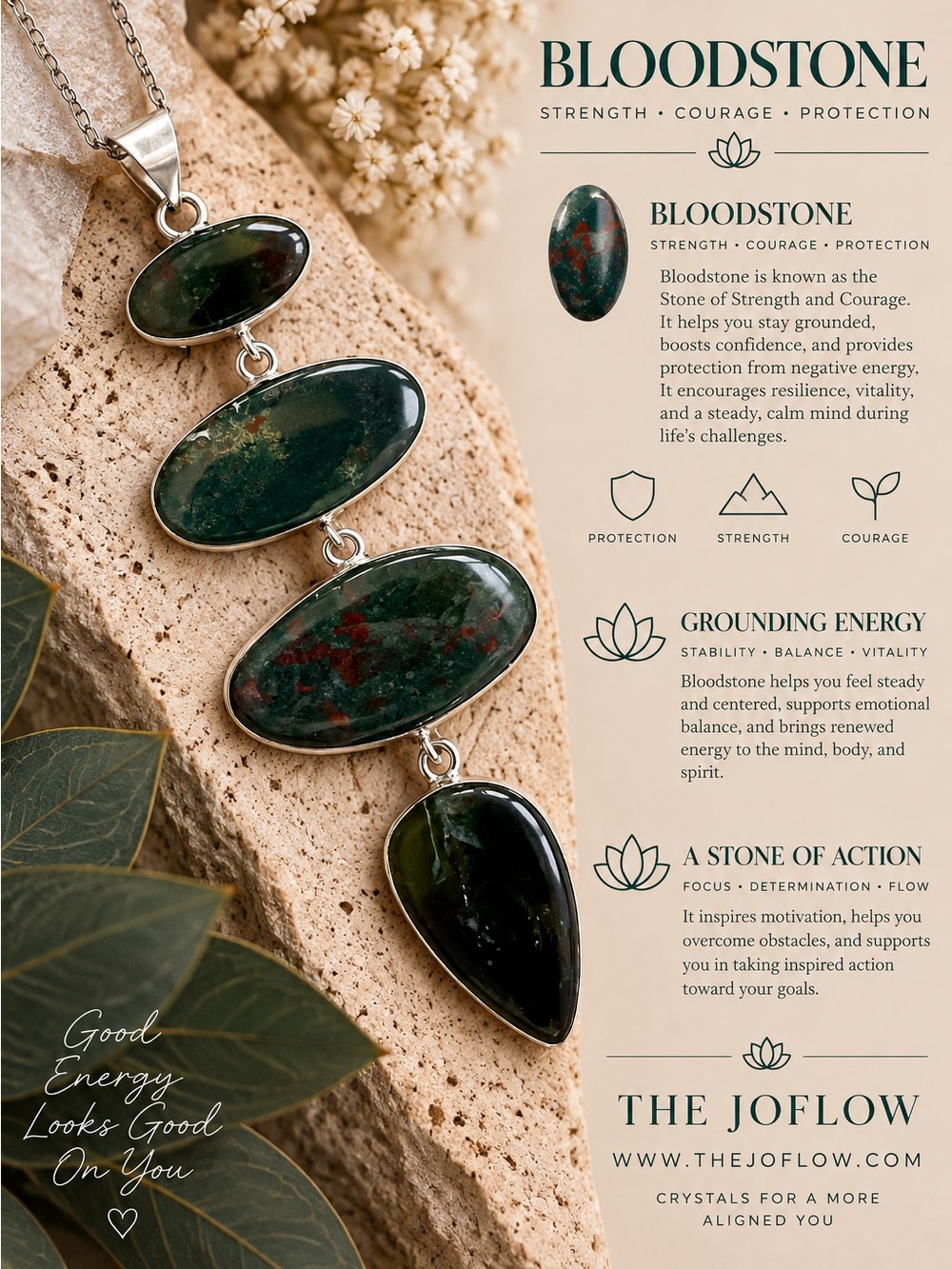 925 Strength Stone BLOODSTONE Long Cleavage Pendant Necklace